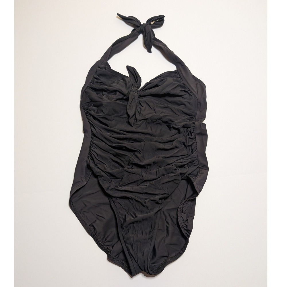 MagicSuit Womens Black Ruched Halter One Piece Swimsuit Size 12 Slimming Control